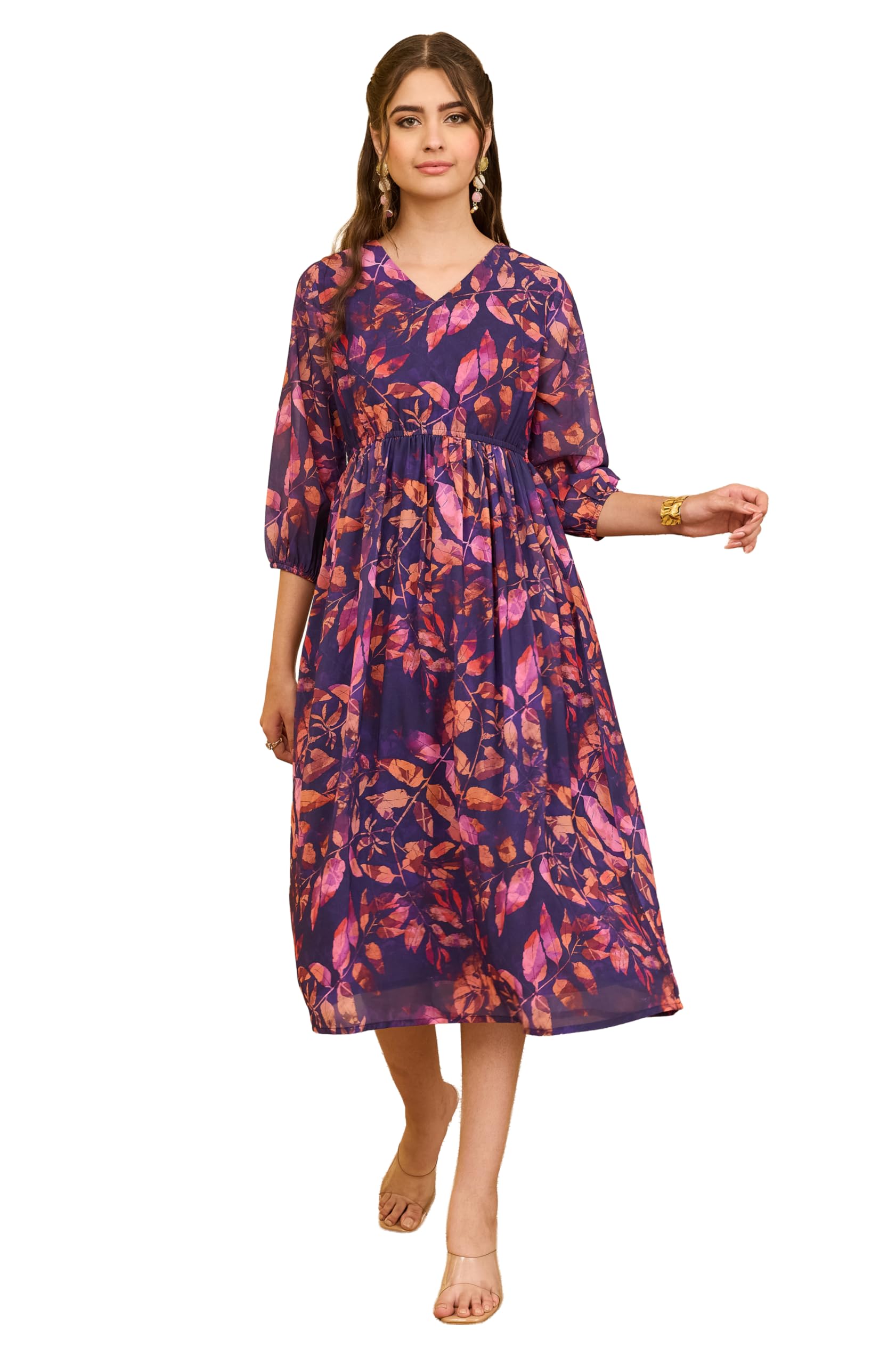 Janasya Abito da donna in georgette viola con stampa botanica