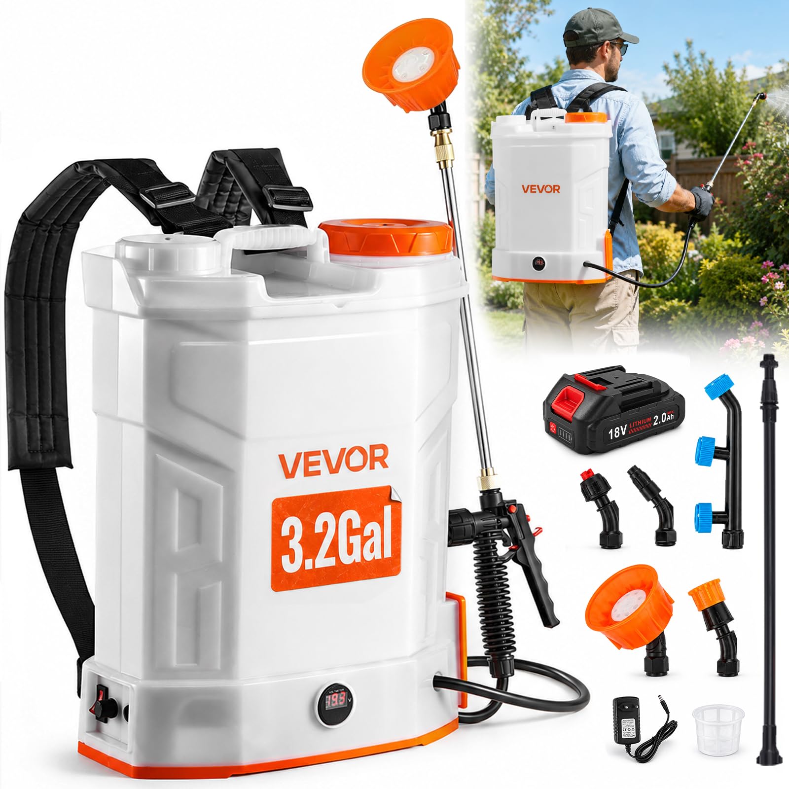 VEVOR Pulvérisateur à Dos Électrique à Batterie 12 L, Réglable 0-6,2 Bar, avec 2 Lances, 5 Buses, Batterie 18 V 2 Ah, Pulvérisateur Portable pour Jardin, Pelouse, Désherbage, Pulvérisation, Nettoyage