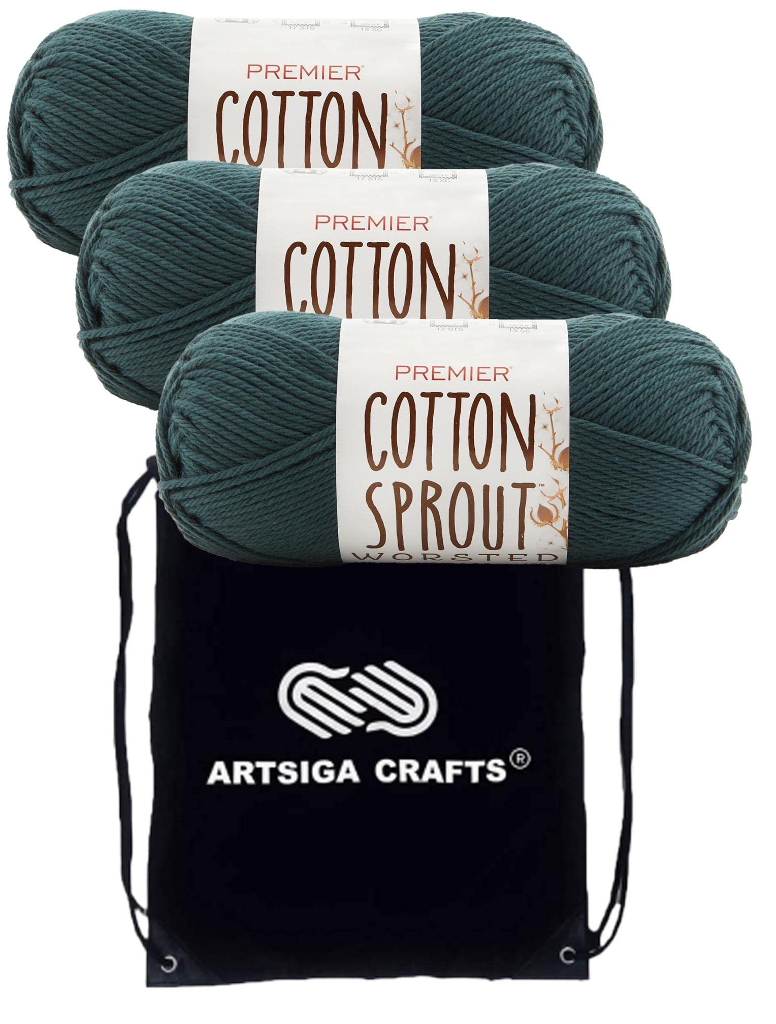 Fil à tricoter 100% coton peigné Premier Yarns Artsiga Vert chasseur lot de 3 pelotes