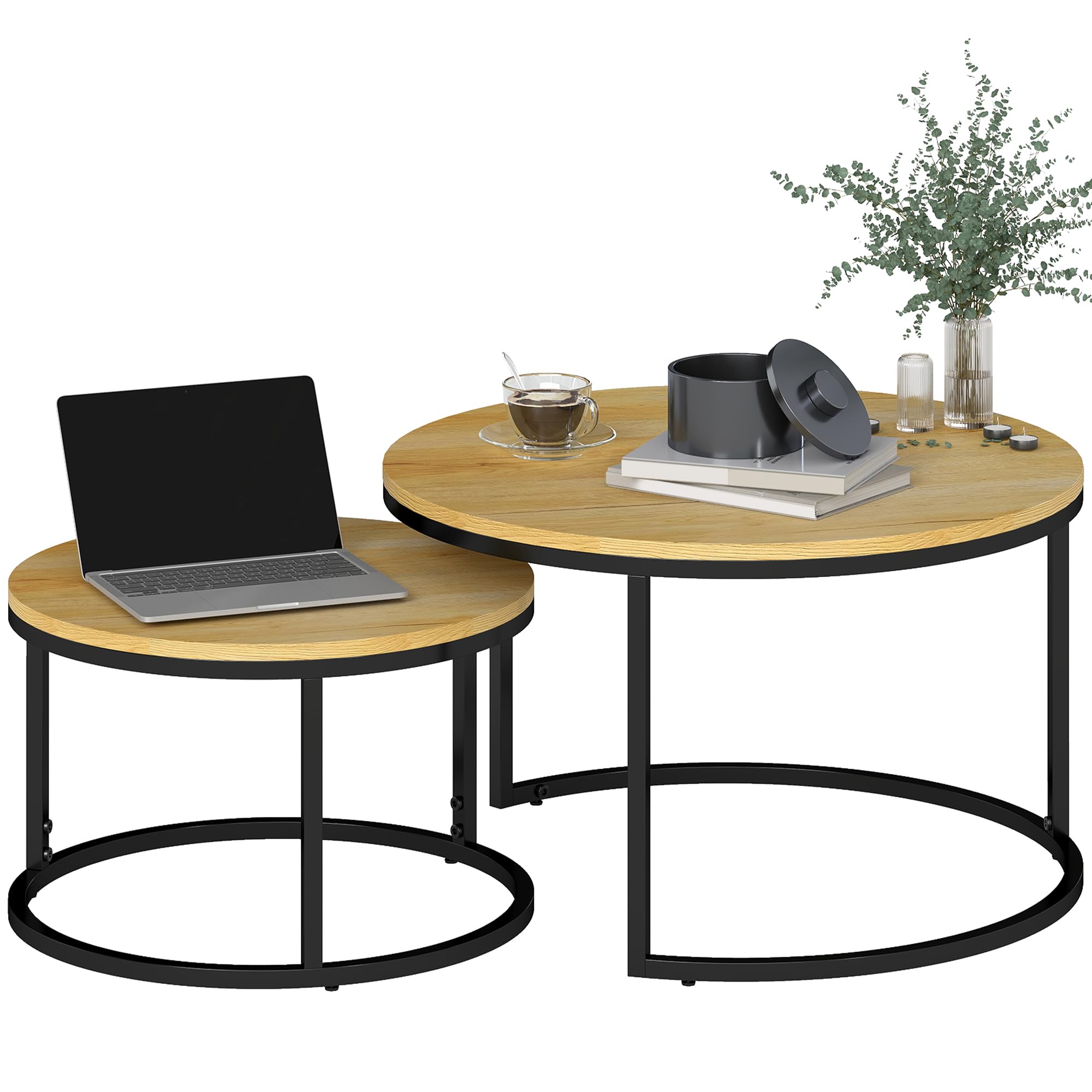 HOMCOM Round Coffee Table Set of 2, Space Saving Nesting Tables with Steel Frame for Living Room, Bedroom, Home Office, 78.5 x 78.5 x 46.5 cm, Natural — image 1