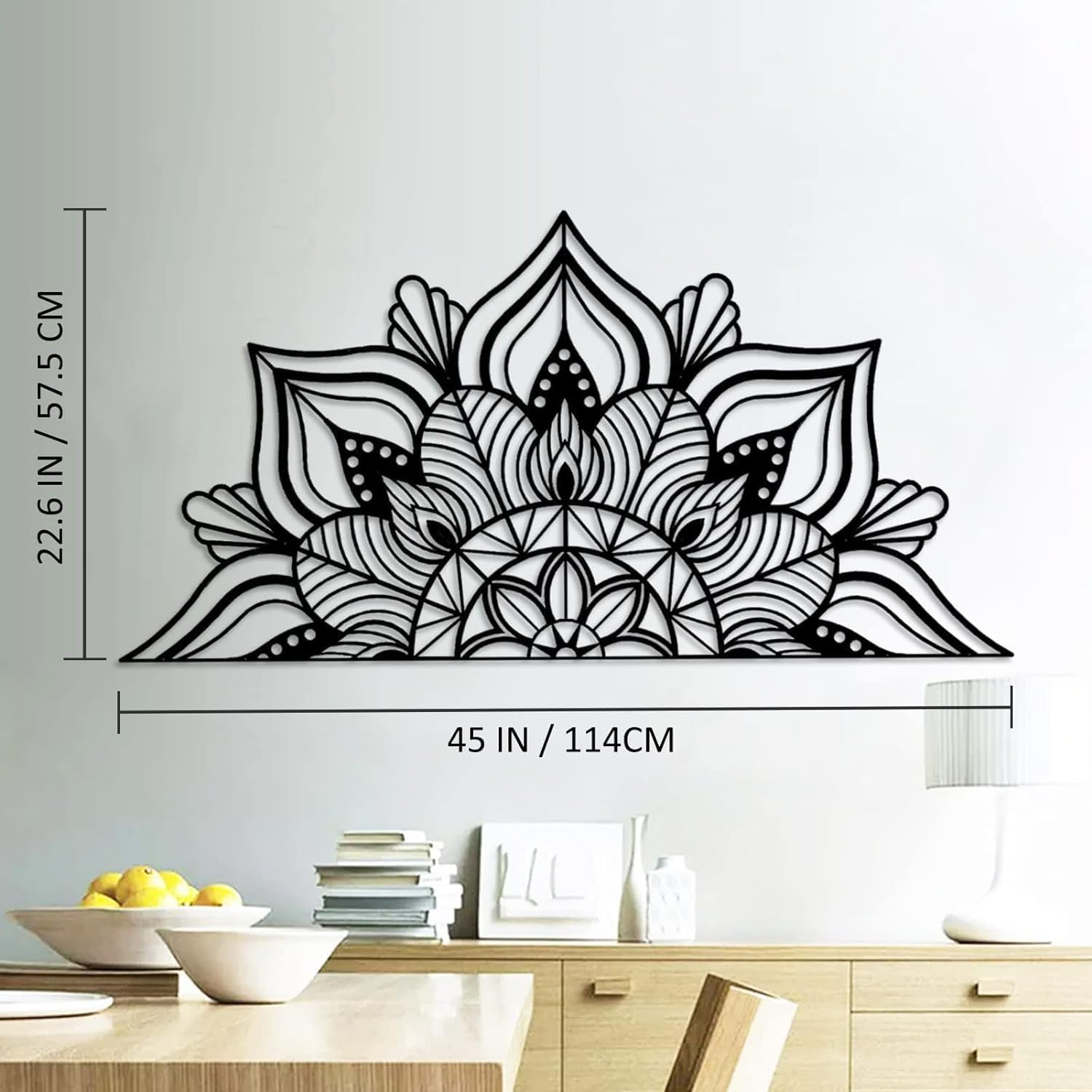 Resama Large Metal Mandala Wall Decor, Unique Lotus Flower Wall Art, Suitable for Office and Home Indoor and Outdoor Decoration (Black, 45''x22.6'' / 114x57.5cm)