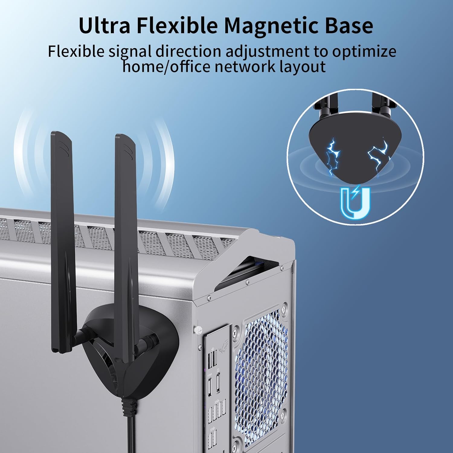 QFly WiFi 6e Tri-Band Antenna 6GHz/5GHz/2.4GHz RP-SMA Wi-Fi Antennas with Magnetic Base and 6.5ft Extension Cable for PC Desktop Computer PCIE Wireless Card Adapter Router