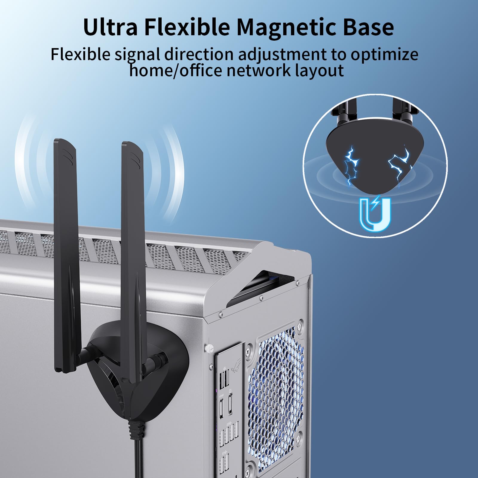 QFly Antena WiFi 6e Tri-Band 6GHz/5GHz/2.4GHz RP-SMA Antenas Wi-Fi con base magnética y cable de extensión de 6.5 pies para PC de escritorio PCIE adaptador de tarjeta inalámbrico router