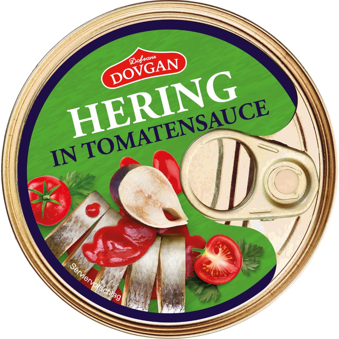 DOVGAN Hering in Tomatensauce, Heringsscheiben mit Haut und Gräten, 240 g, 10 Dosen