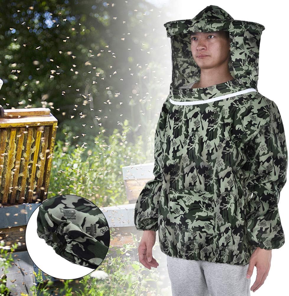 Professional Breathable Beekeeping Protective Upper Garment Coat Jacket Suit with Hat for Bee Farmers and Enthusiasts Made of Polyester Camouflage Color Size 150 185cm