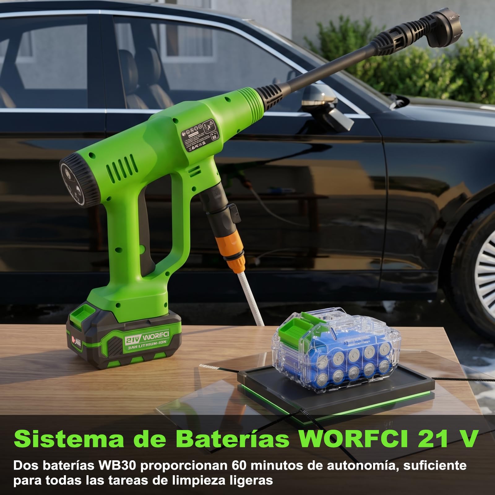 Hidrolimpiadora a Bateria con Boquilla 6 en 1, 2 Baterías, Manguera Trenzada de 6,5 m, Hidrolimpiadora Portátil de Alta Presión Conexión de Grifo para Coche, Jardín, Terraza