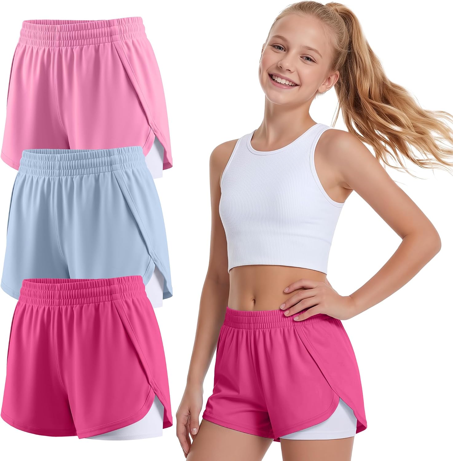 3 Pack Girls Swim Shorts 2 in 1 Bathing Suits Kids Quick Dry Board Shorts Swimsuit Bottoms with Compression Liner