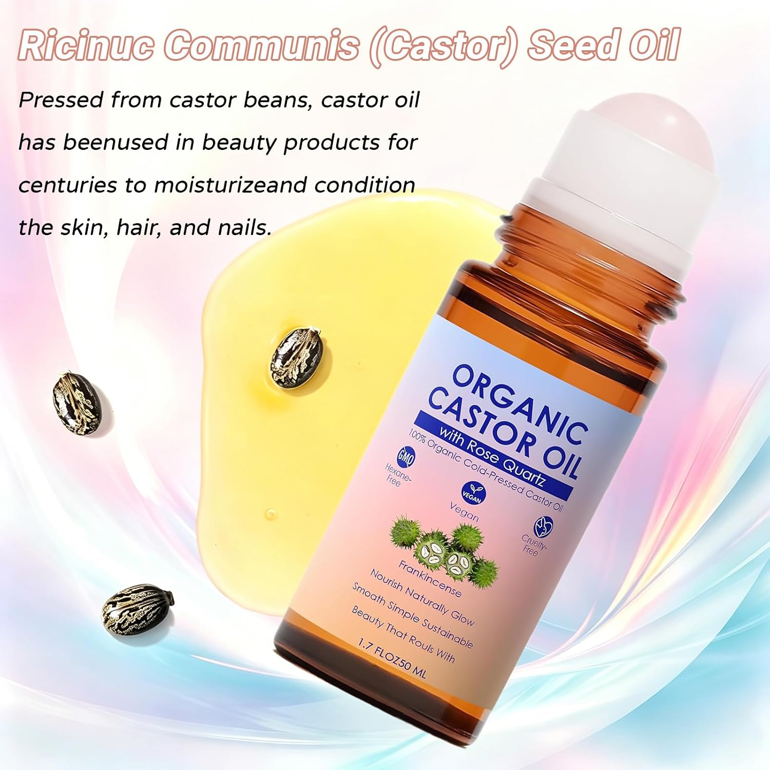 Organic Castor Oil with Rose Quartz Roller, 100% Pure Cold-Pressed Castor Oil Roll On, Organic Castor Oil Rose Quartz Roller Ball for Parts of the Body, Hexane-Free, 1.7oz (3 Bottles)