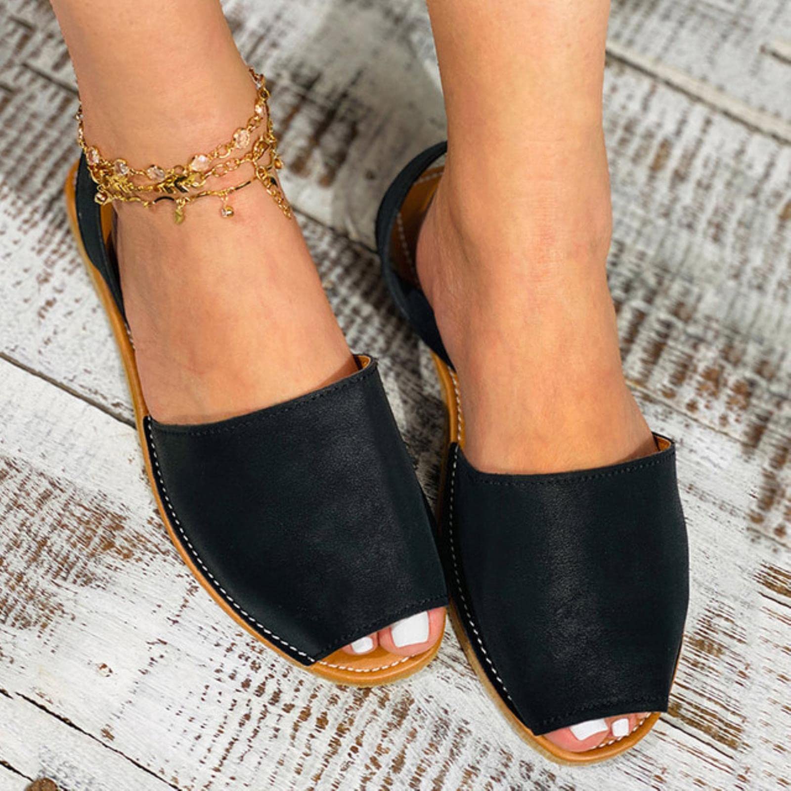 Ecoodisk Women's Black Sandals Plus Size Flats Sandals For Summer Shoes Slip On Flat Shoes Sandalias Mujer Summer Footwear Non-Slip