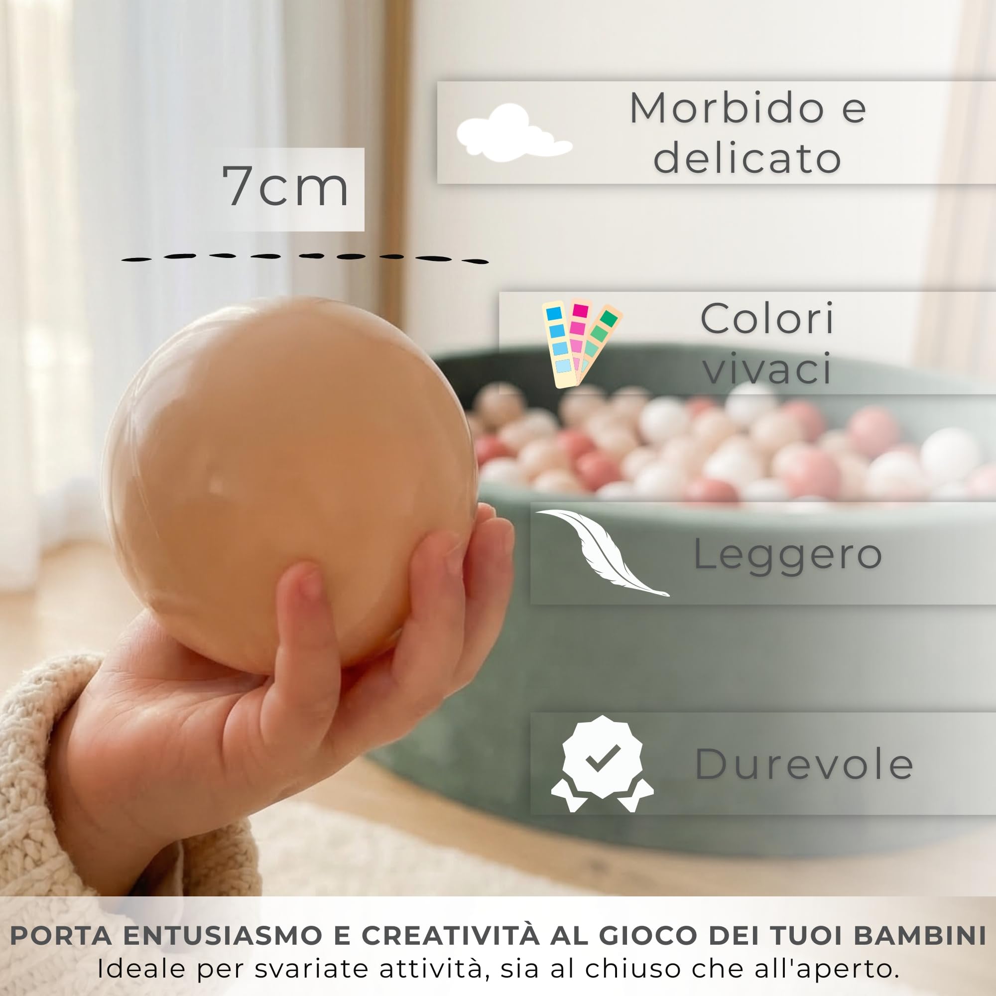 KiddyMoon Velluto Piscina di Palline 90X30cm/300 Palline ∅ 7CM per Bambini Tondo Fabbricato in EU, Velluto Verde: Beige Pastello/Salmone/Bianco