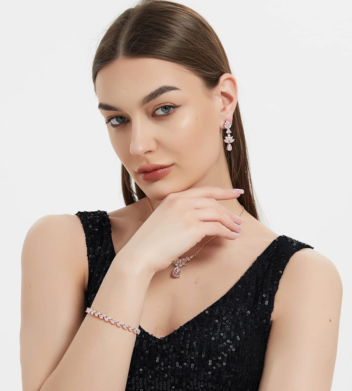 UDYLGOON Bride Wedding Jewelry Set Cubic Zirconia Crystal Earrings Necklace Bracelet Set For Bridal Bridesmaid Party Prom Homecoming - Image 3