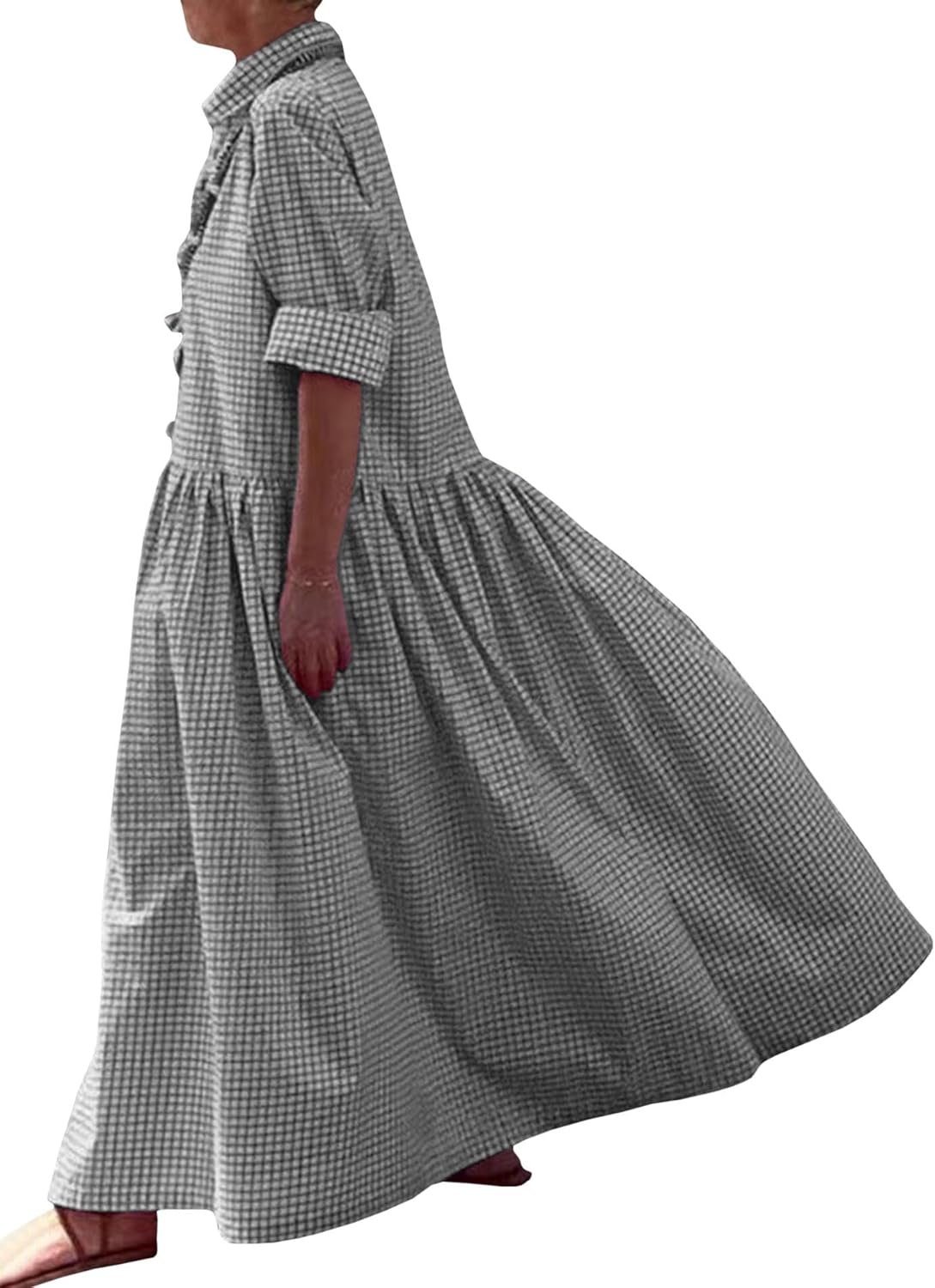 SOMTHRON Women's Retro Plaid Button Down Maxi Shirt Dress Roll Up Long Sleeve Gingham Pleated Swing Long Dress - Image 2