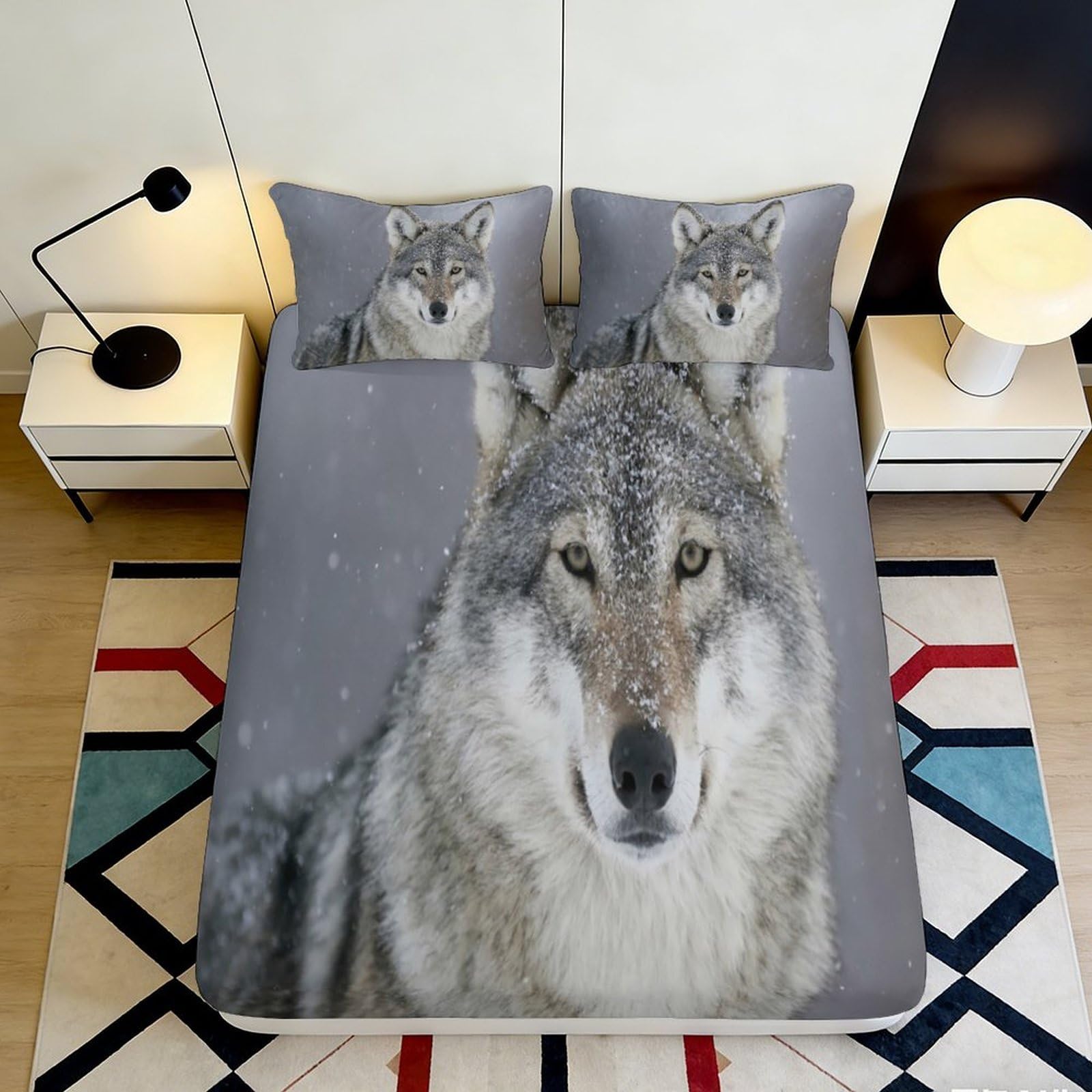 3D Printed Snow Wolf Fitted Sheet Microfiber Soft Grey Winter Forest Bed Cover for Bedroom Guest Room Decor Mattress Protection 120x200x25cm