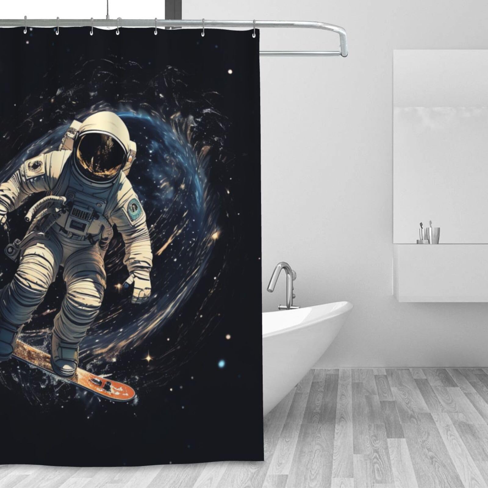 Rideau de douche astronaute et snowboard espace imperméable lavable 183x183cm avec 12 crochets