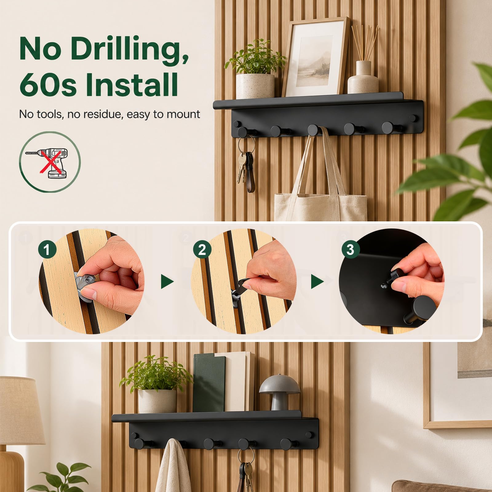 Scaffale da parete per pannelli acustici, 40 x 14 cm, senza fori, con ganci, in metallo nero opaco, accessori per casa e ufficio