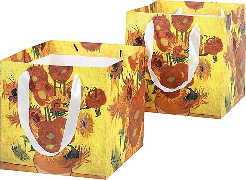 Moretoes 2 bolsas de regalo grandes, bolsas de regalo cuadradas de 10 pulgadas con asas y patrón de girasol amarillo para flores, pasteles, día de