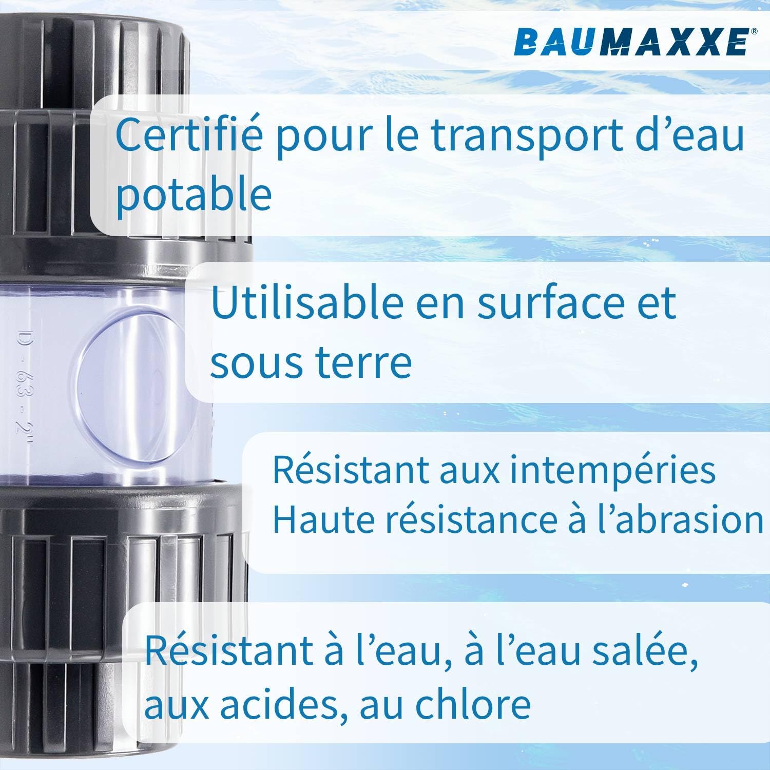 Raccord PVC manchon à coller transparent I Ø 50 mm 1 1/2" PVC-U PN16 avec voyant I Pour plomberie de piscine et bassin, contrôle visuel du débit I bm325