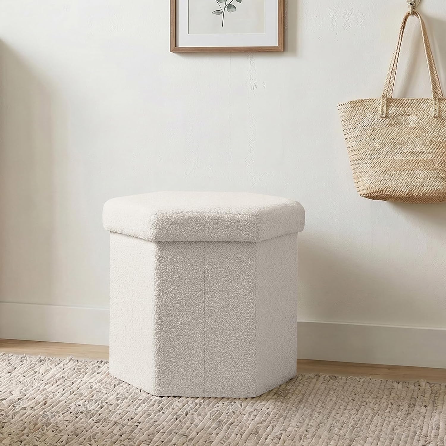 Hexagon Storage Ottoman, Foldable Boucle Footrest with Hidden Storage, Upholstered Ottoman Footstool for Living Room, Bedroom, Dorm, Entryway, 15 x 16.9 x 15 Inches, White
