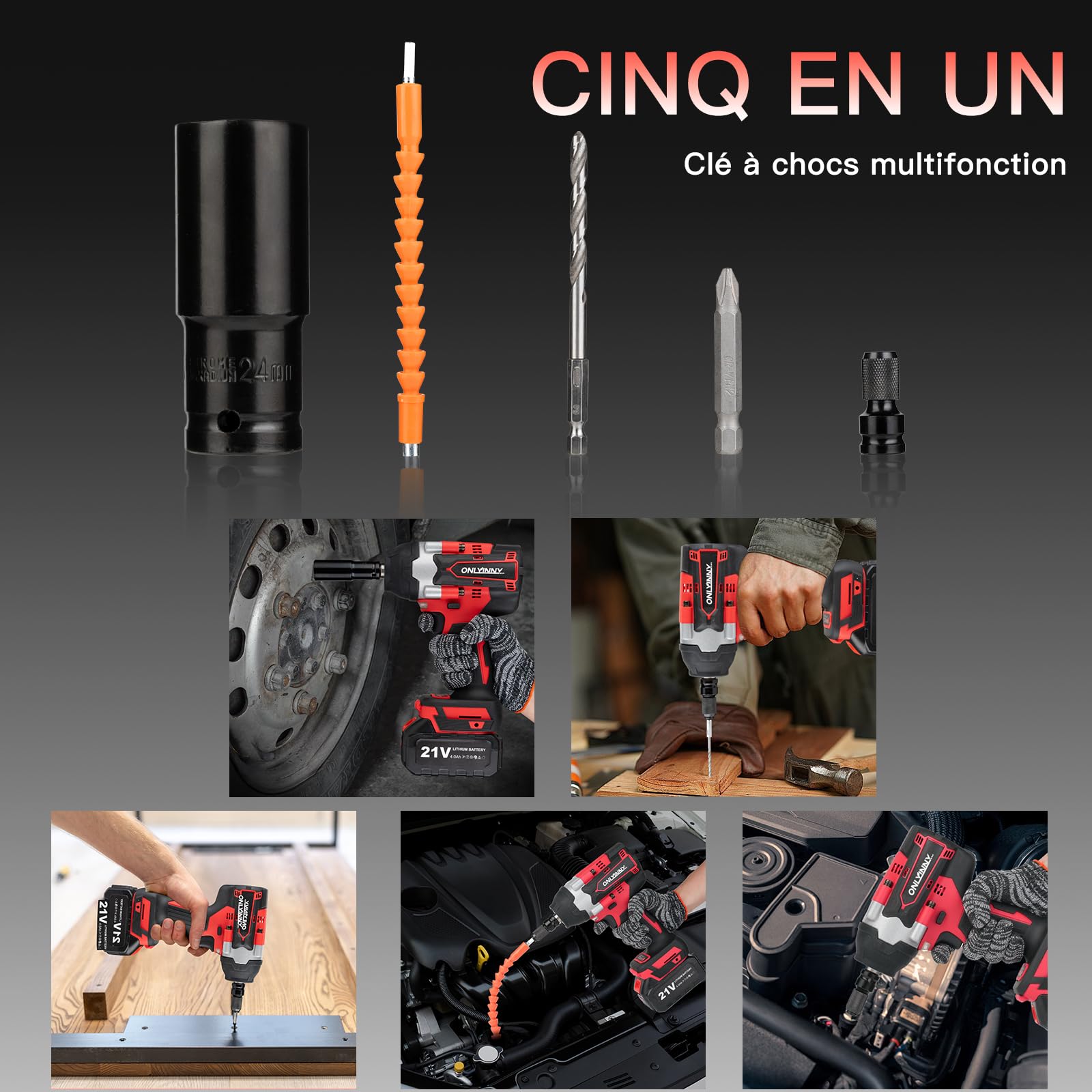 Clé à chocs sans fil 21 V 1/2" 1000 N.m sans balais avec 2 batteries 4,0 Ah