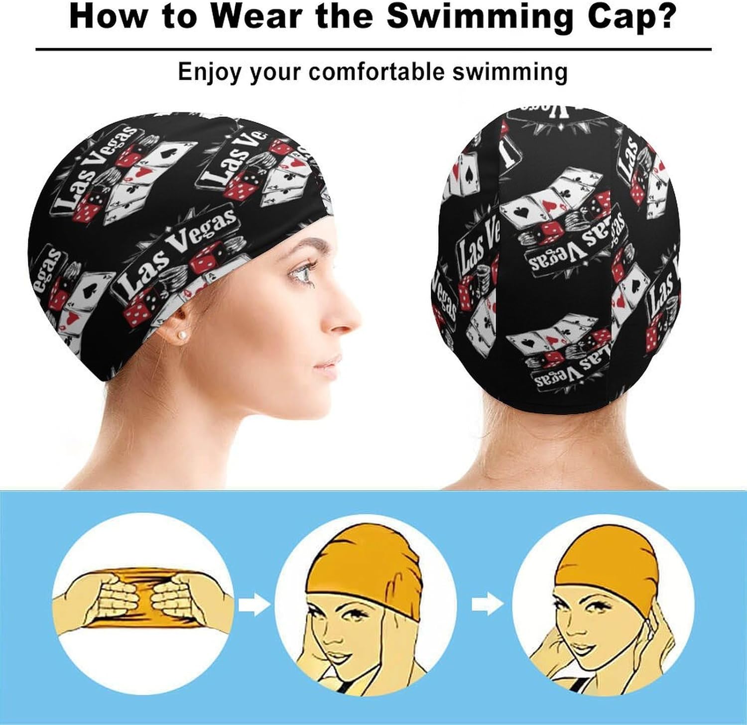 Las Vegas Nevada Dices Cards Womens Swim Cap for Men Adult Swimming Hat Curly Short Medium Long Hair