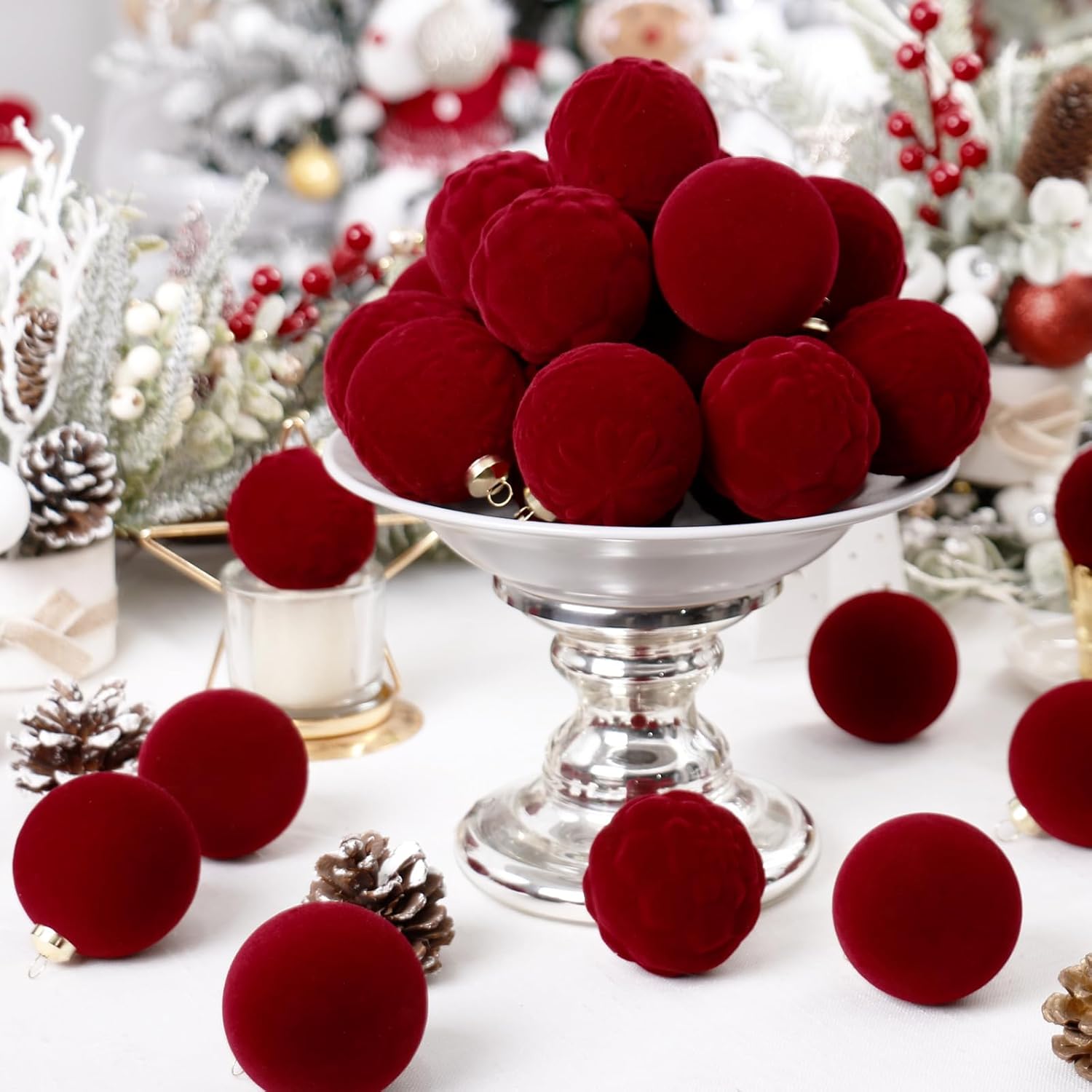 RoseCraft 30PCS Burgundy Velvet Christmas Ball Ornaments Set, 60MM/2.3Inch Shatterproof Flocked Ornament for Christmas Tree Hanging Holiday Valentine's Day Party Xmas Decorations.