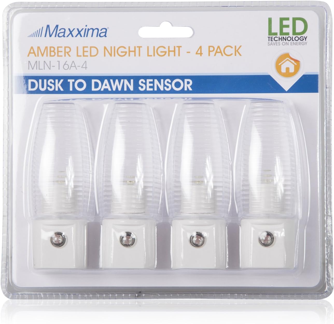 Maxxima MLN-16 Amber LED Night Light Plug In With Auto Dusk to Dawn Sensor, 5 Lumens (Pack of 4)