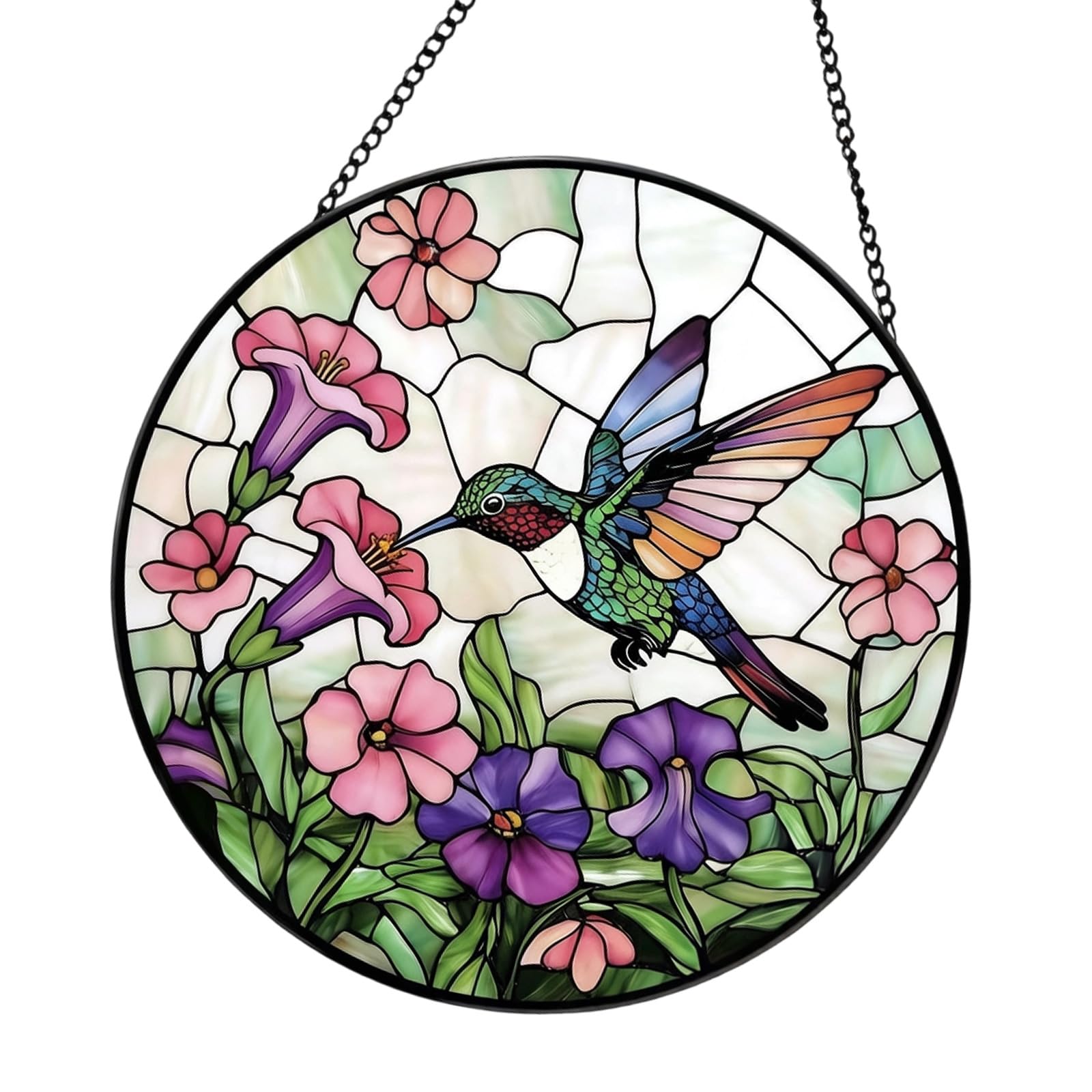 hogtnd Hand Painted Bird Stained Glass Sunlight Catcher with Metal Chain Hanging for Door Window Patio Garden Decoration Bird Sunlight Catcher