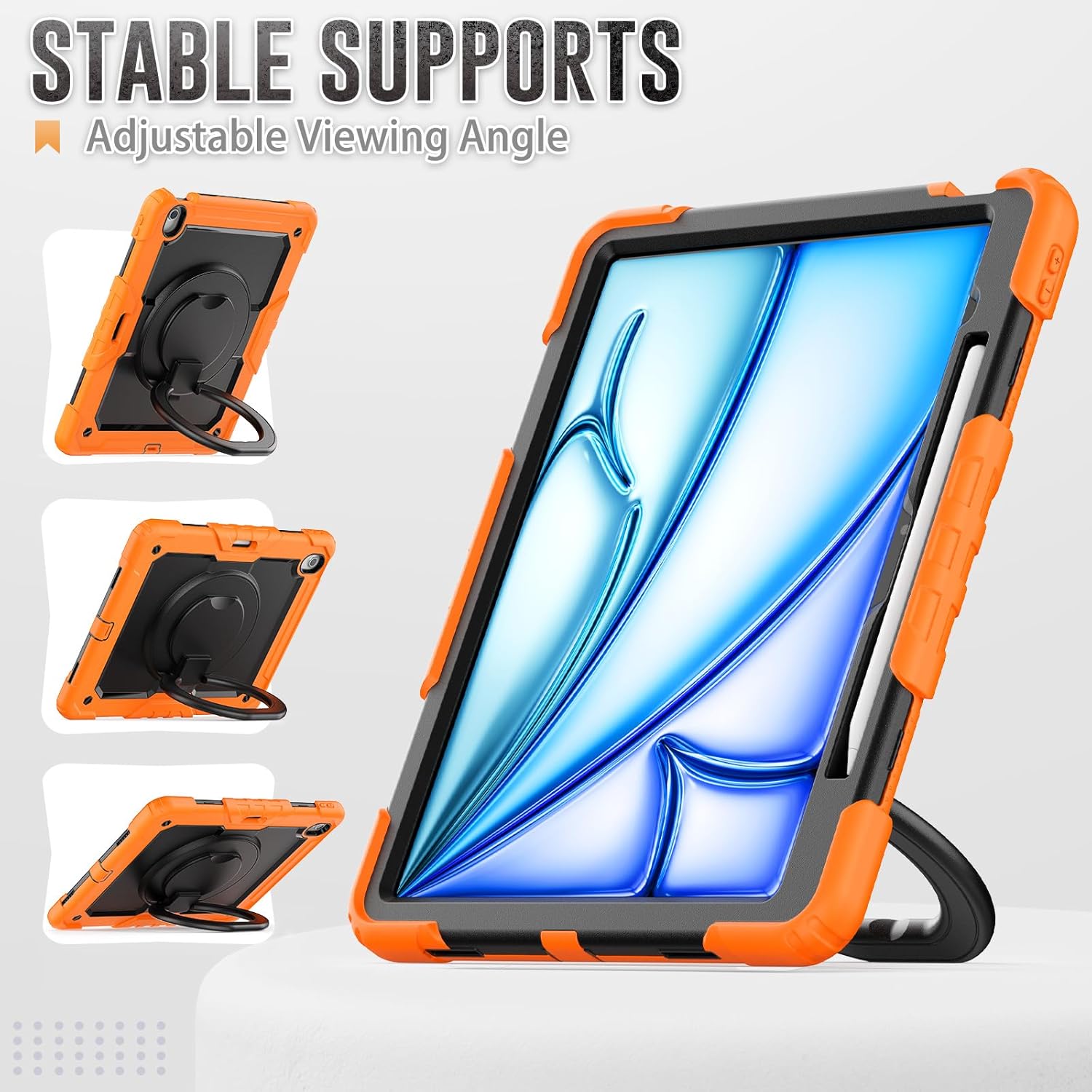 Case Compatible with iPad Air 13 Inch Case M2(2024),Full Body Protective Rugged Cover with [Pencil Holder+Screen Protector] Rotating Handle Silicone Cover Compatible with iPad Air 13(Orange)