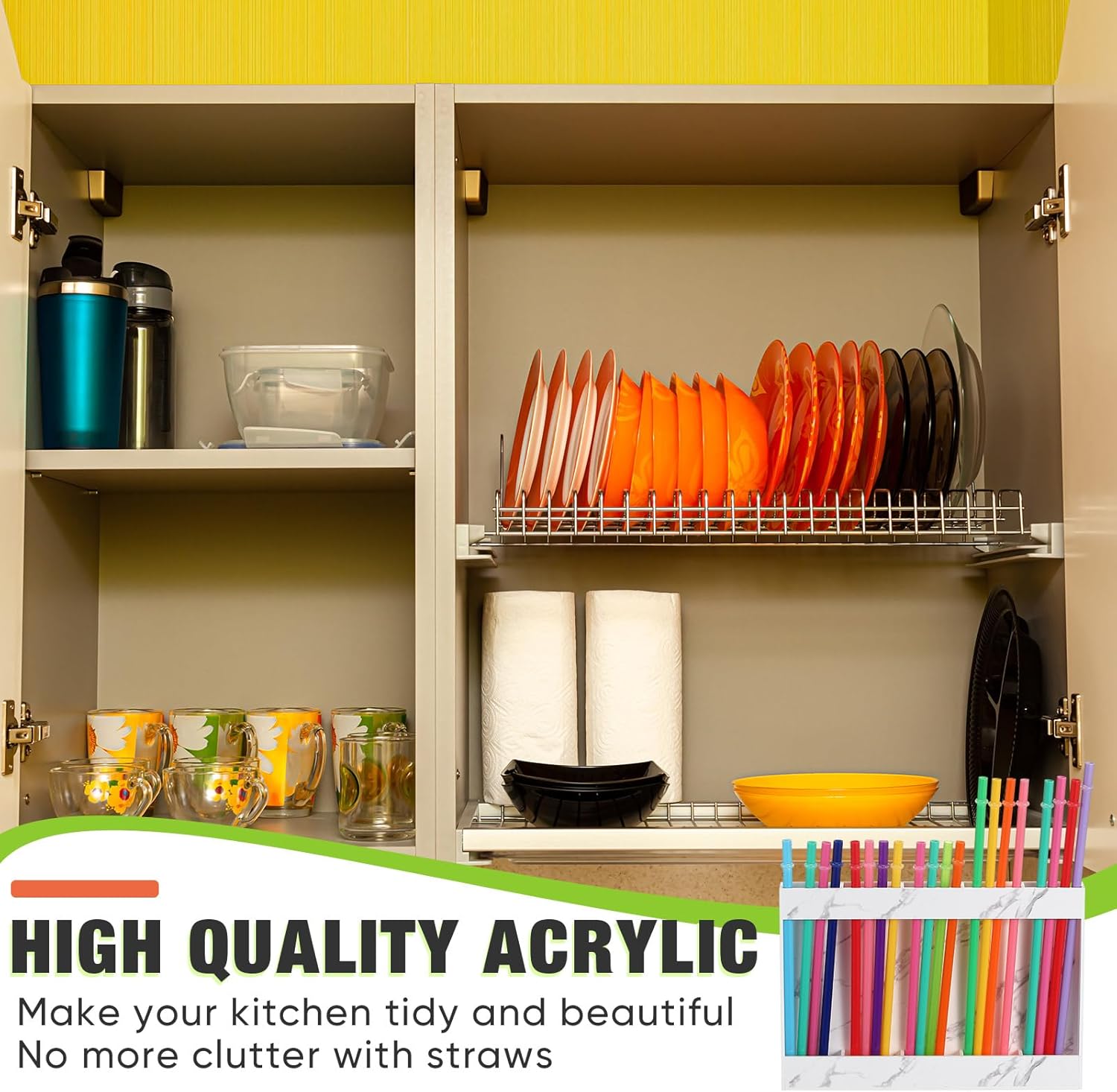 Qinyoung Acrylic Straw Holder for Cabinet Door with Double Sided Adhesive Tape Reusable Straw Organizer Tumbler Storage Kitchen Accessories Container for Counter Cupboard(Marble Texture,Large,White) - Image 5