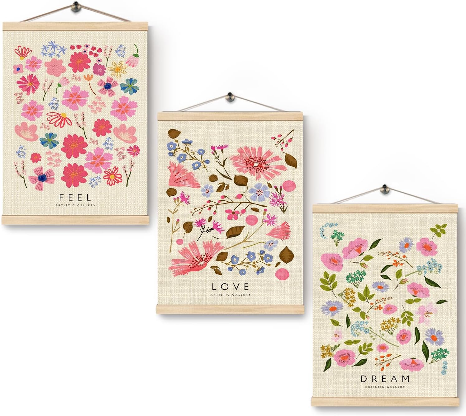 HKTZM Floral Wall Decor, Pastel Flowers Wall Art With Wooden Poster Hanger, Floral Room Decor, Pink Wildflower Wall Art for Home Girls Room Living Room, 12x16 Inch Set of 3