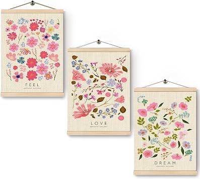 HKTZM Floral Wall Decor, Pastel Flowers Wall Art With Wooden Poster Hanger, Floral Room Decor, Pink Wildflower Wall Art for Home Girls Room Living Room, 12x16 Inch Set of 3