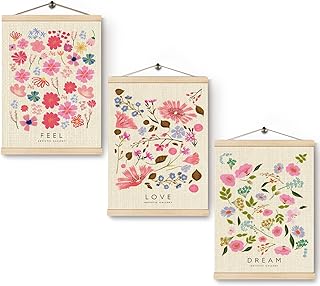 HKTZM Floral Wall Decor, Pastel Flowers Wall Art With Wooden Poster Hanger, Floral Room Decor, Pink Wildflower Wall Art for Home Girls Room Living Room, 12x16 Inch Set of 3