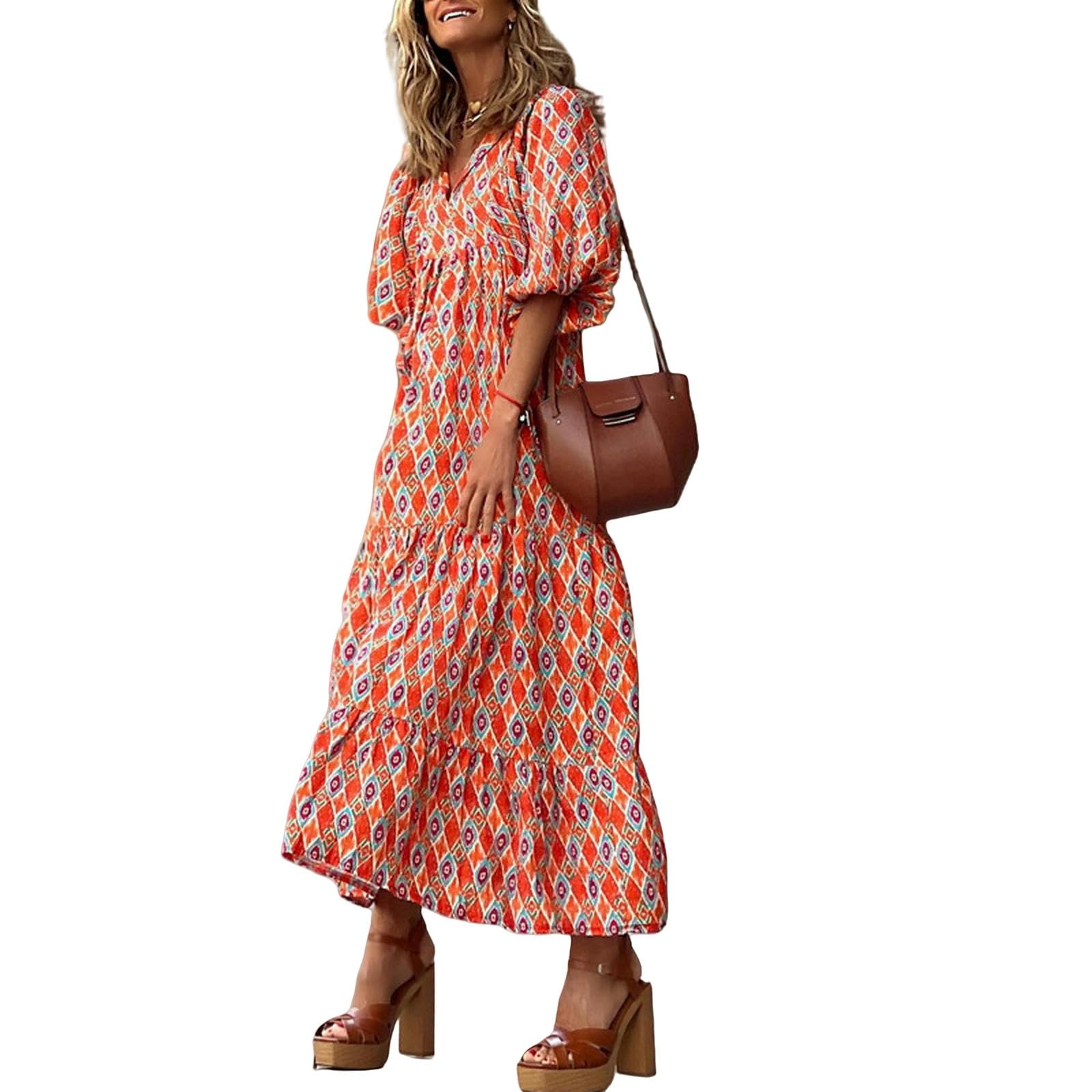 Vestidos Mujer Corte Holgado Casual Verano Cuello en V Media Manga Bohemia Patrón Geométrico Maxi Vestidos Largos YYEFNMAZ
