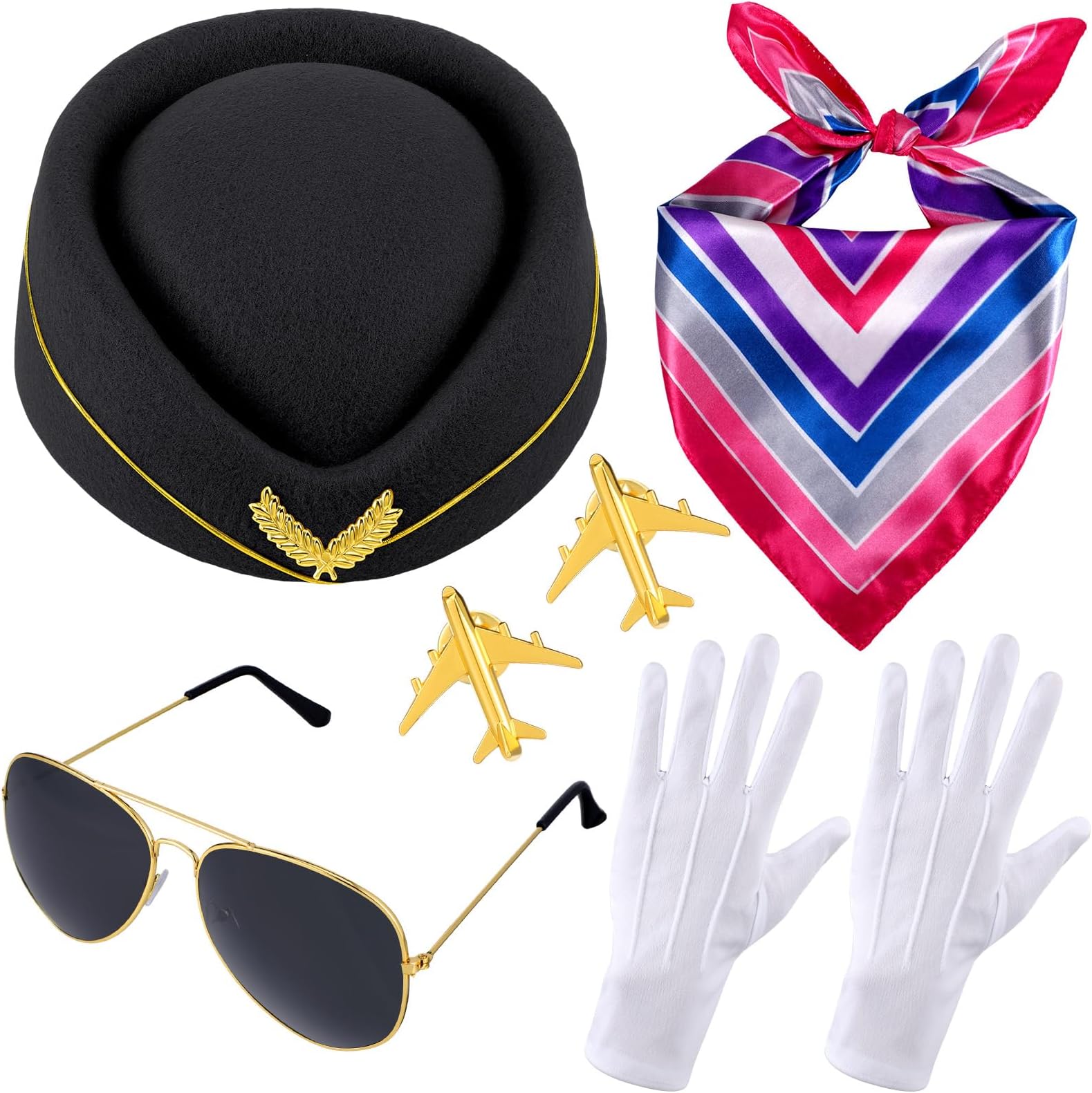 Bencailor6 Pcs Women's Flight Attendant Costume Accessories Stewardess Outfits Flight Attendant Hat Sunglasses Scarf Gloves