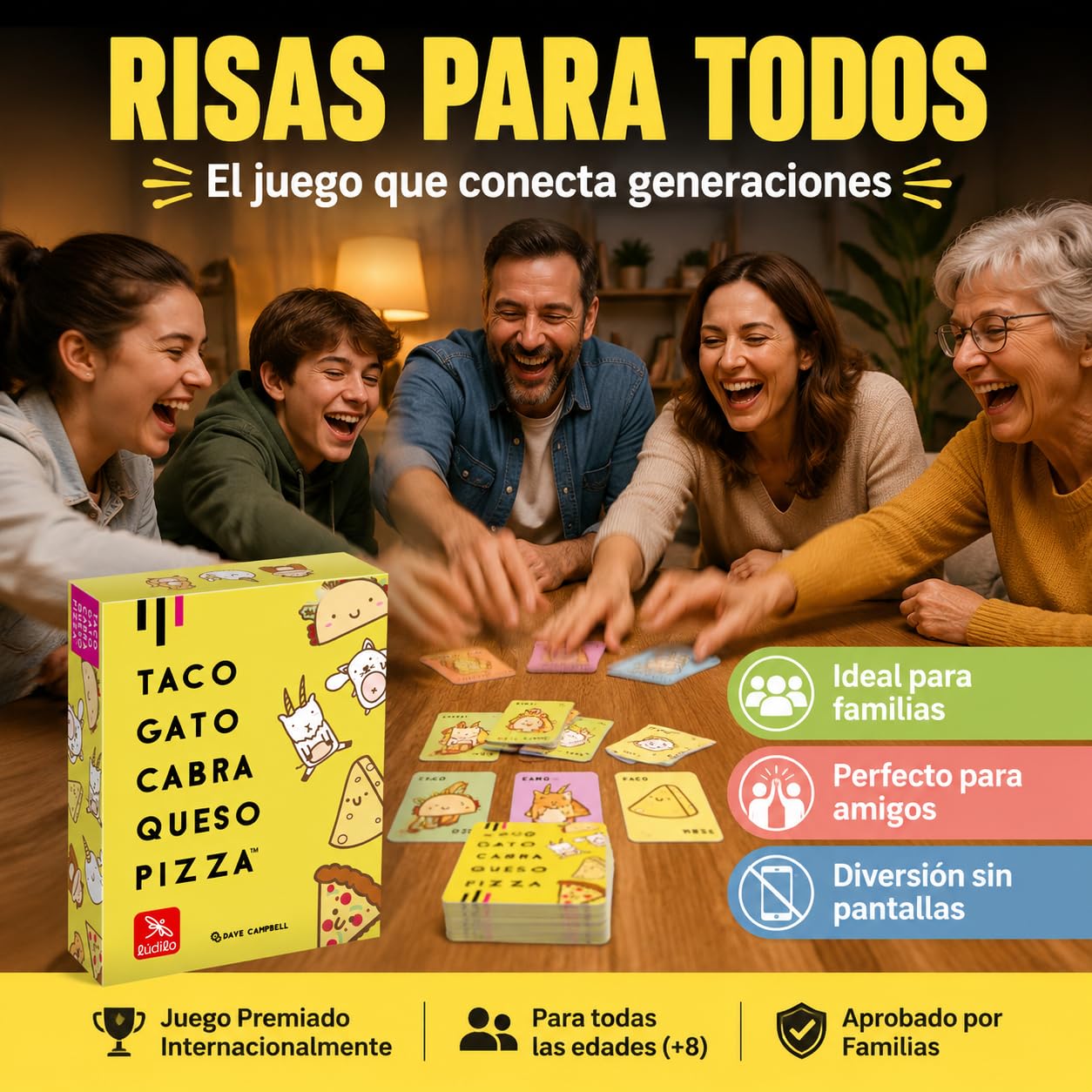 Ludilo - Taco Gato Cabra Queso Pizza | Juegos De Mesa | Juegos De Mesa Niños 8 Años O Más | Juego De Cartas con 60 Cartas | Regalo Niño 8 Años O Más De 3 A 8 Jugadores