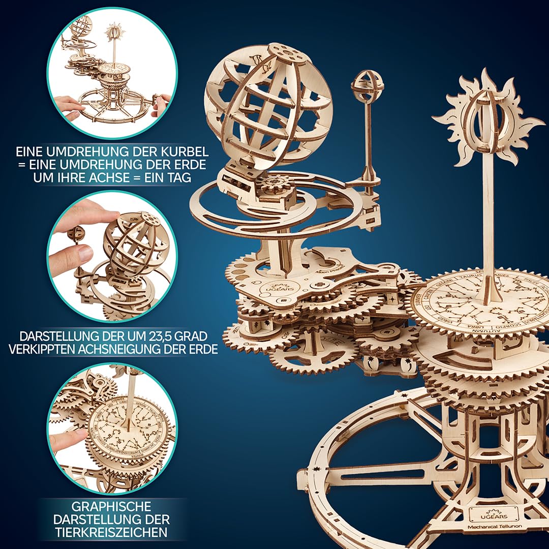 UGEARS Mechanisches Tellurion 3D-Puzzle – Vatertagsgeschenk, ERD- und Mond-Puzzle, 3D-Holzpuzzle für Erwachsene – Modellbausätze für Erwachsene zum Bauen – pädagogischer Sonnensystem DIY-Planetarium