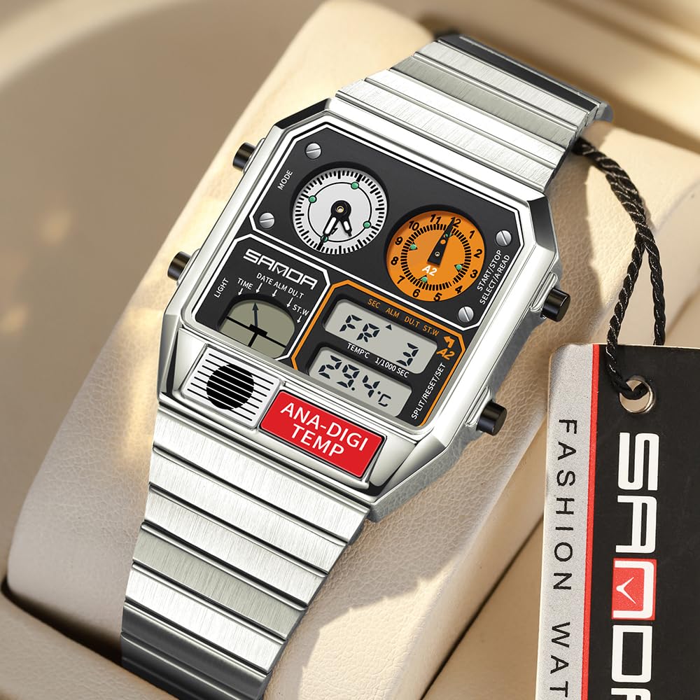MASTOP Orologio analogico digitale quadrato retrò con display della temperatura, 3 fusi orari, retroilluminazione, impermeabile fino a 50 m, sveglia e cronometro settimana/data, Argento e bianco