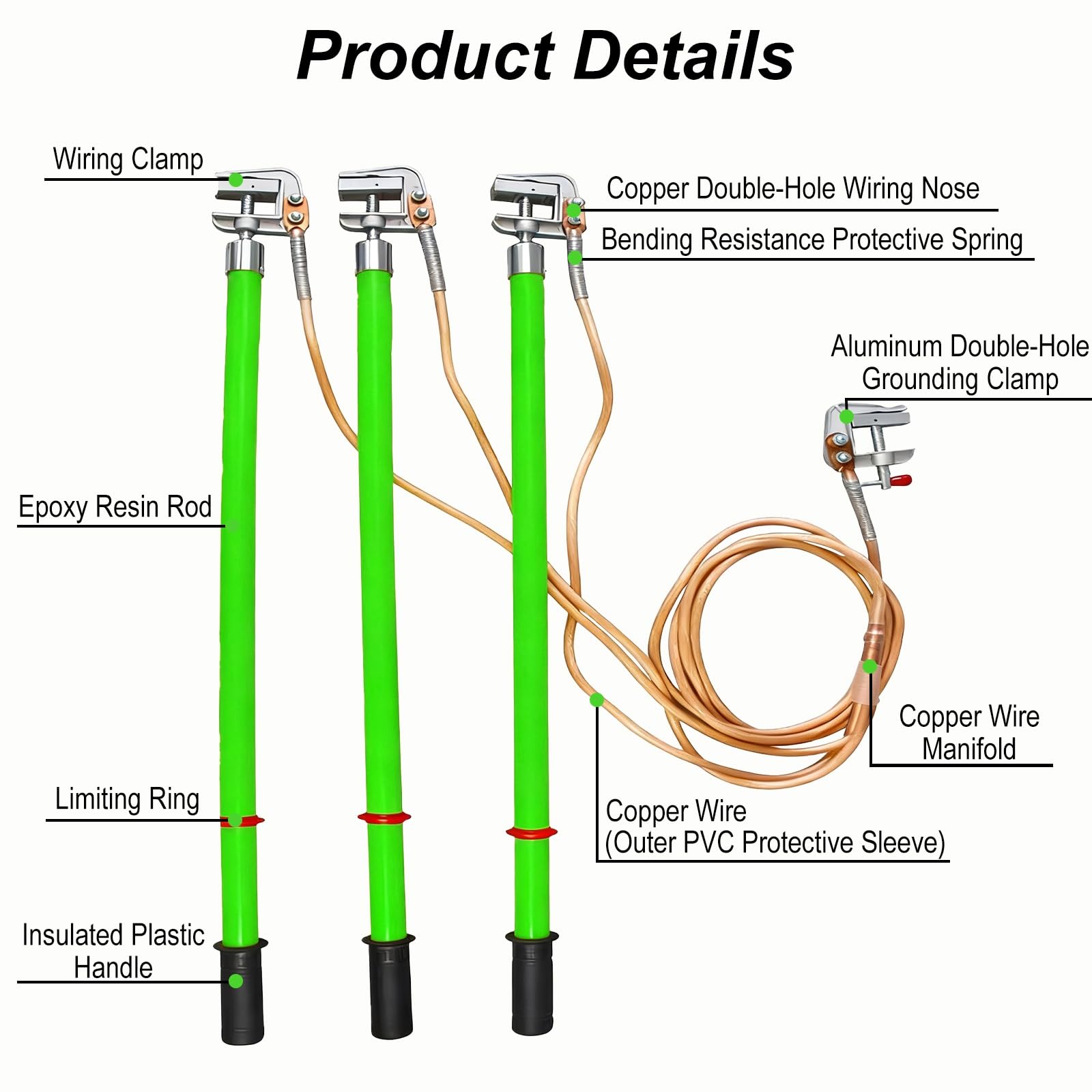 Kit de conexión a tierra de seguridad eléctrica portátil con varillas de conexión a tierra aisladas, alambre de cobre, clip de aluminio y bolsa de almacenamiento para aplicaciones de conexión a tierra