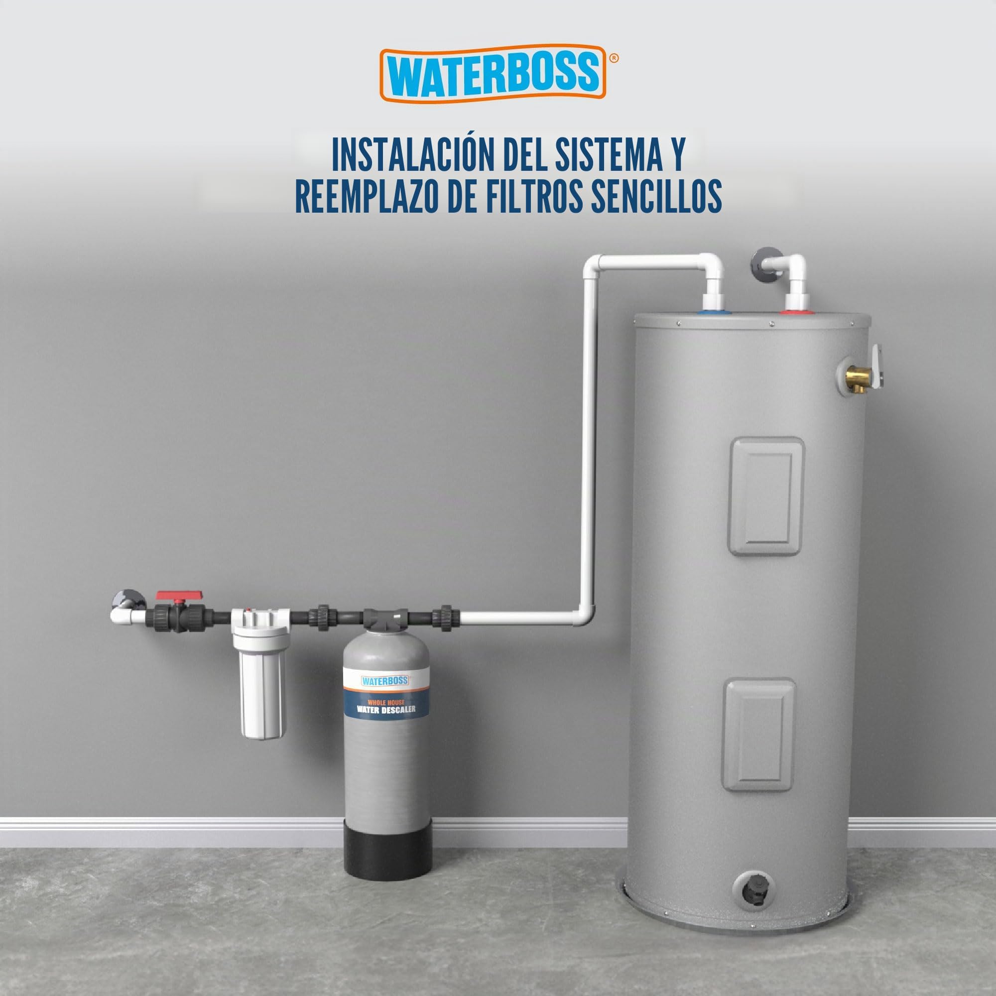 WaterBoss Alternativa para suavizante de agua para toda la casa, sistema descalcificador sin sal para el hogar, funciona con filtros de agua de ciudad y pozo, 6 años, 600.000 Gl, WB-WH-DSCLR