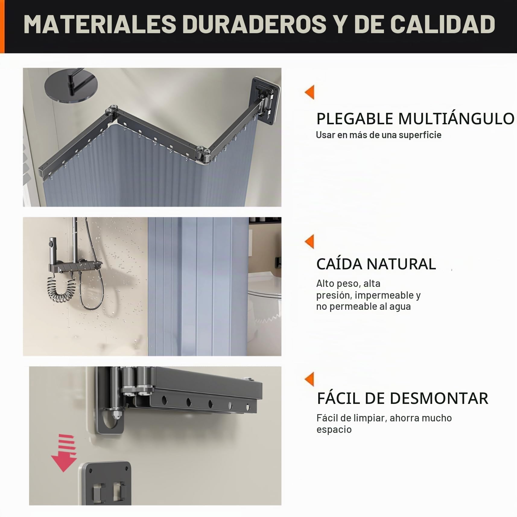 Cortina de ducha retráctil, cortina de ducha plegable resistente con aleación de aluminio, riel extraíble, estante de lavandería para baño, bañera de esquina, hogar, 4 pliegues.