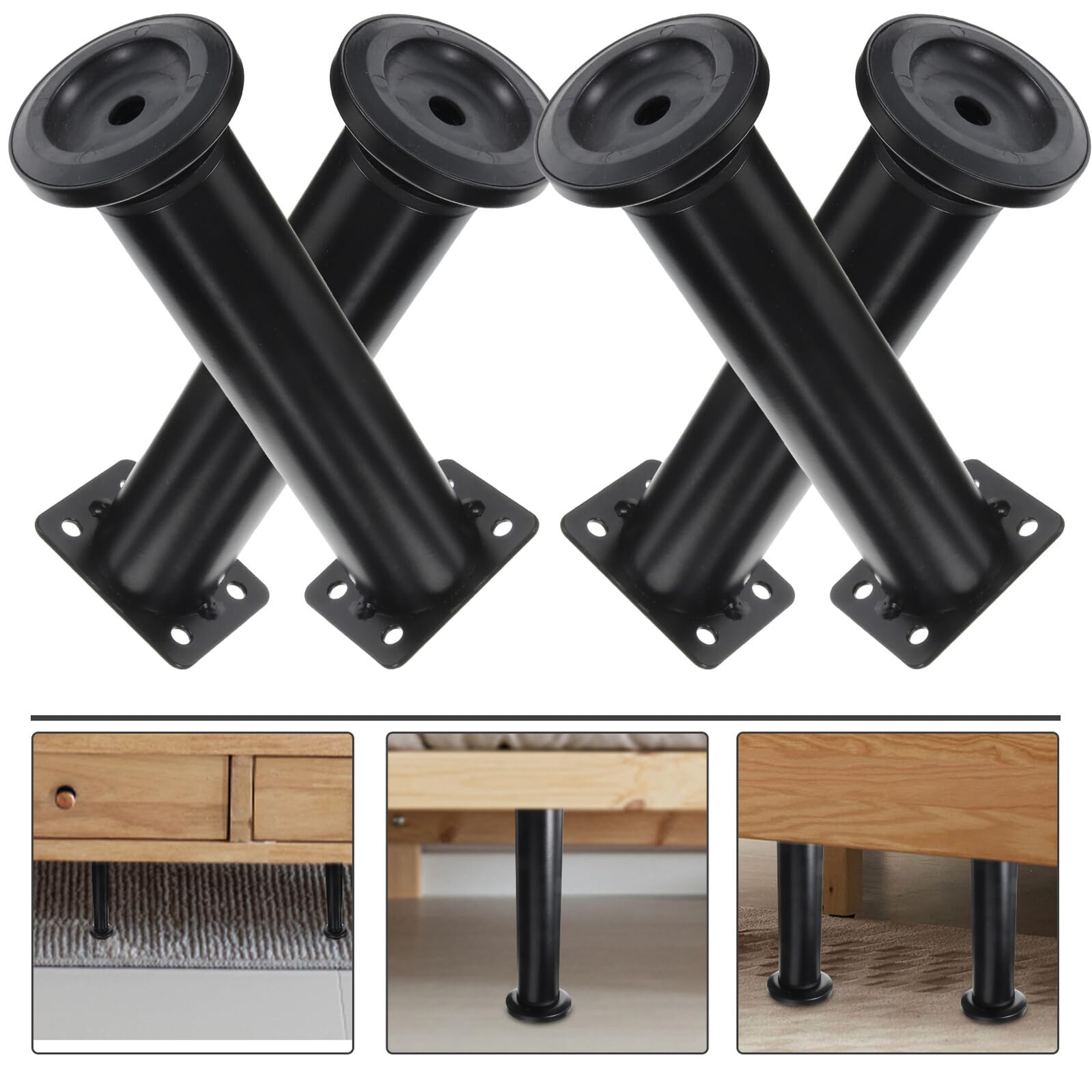 Gambe Regolabili per Mobili in Acciaio Nero Piedini Antiscivolo e Protezione Pavimento, Altezza 18-30cm, per Strutture Letto, Scrivanie e Cassettiere