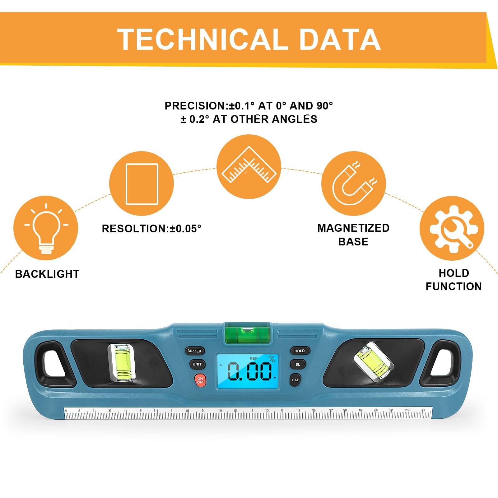 POENVFPO Digitale Wasserwaage, LCD-Display, Multifunktionale Elektronische Wasserwaage und Winkelmesser für Winkel und Neigungen, Hausrenovierung, Tischlerprojekte