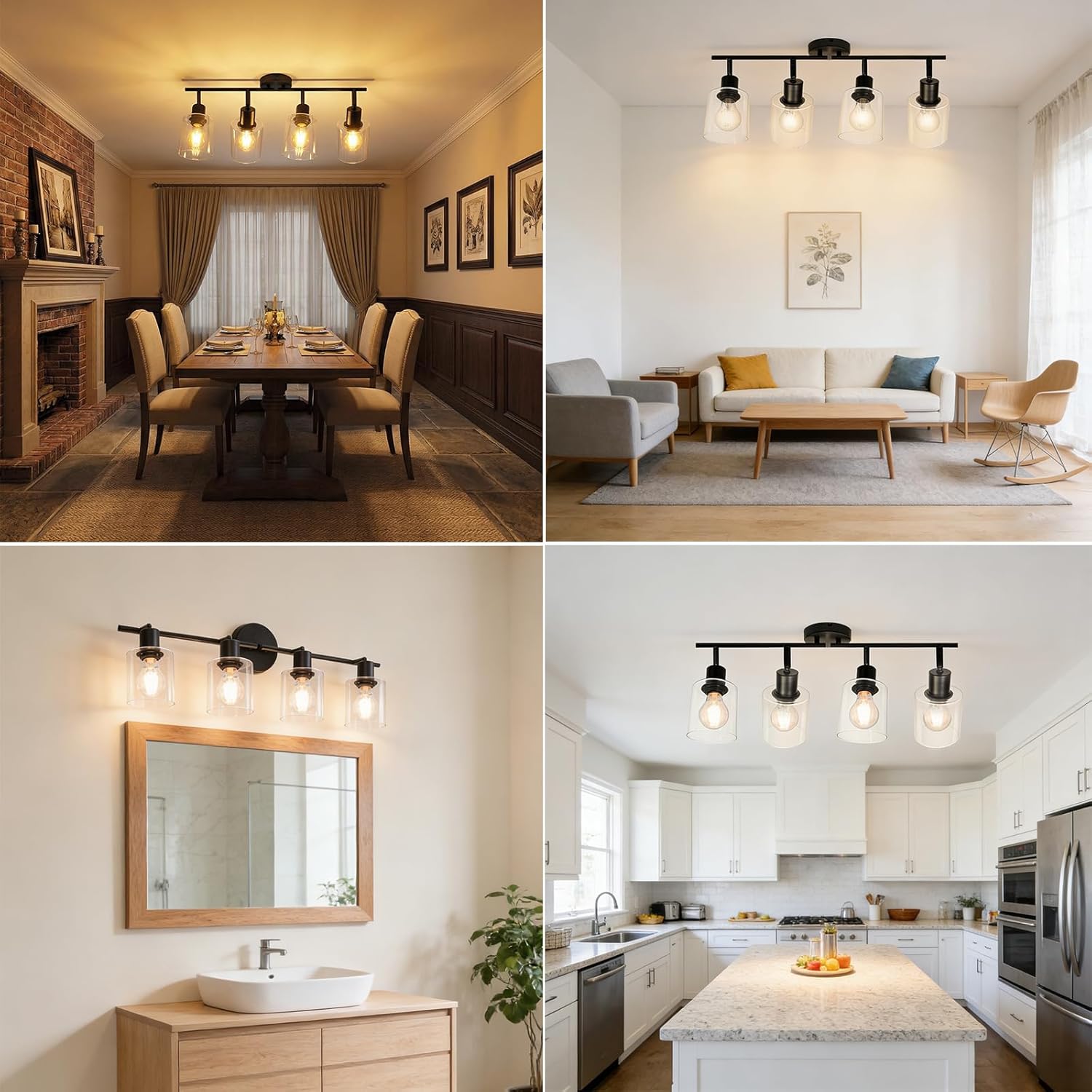 HiBay 4-Light Black Track Lighting Fixture, Ceiling Wall Mount Rotatable Spotlight with Glass Shades, Modern Farmhouse Industrial Track Lights for Kitchen, Dining Room, Bathroom, E26 Base