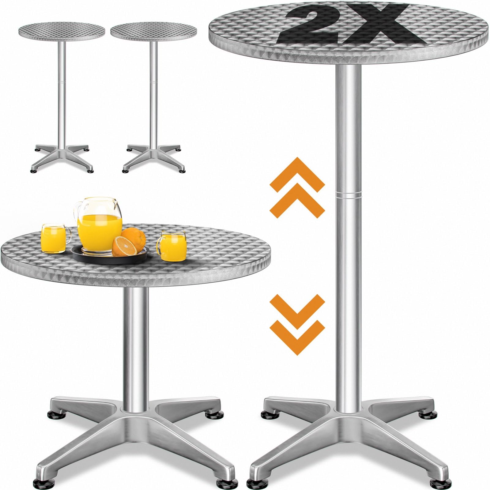 Casaria® Table Basse 2 en 1 - Set de 2 Tables à Manger Ajustables, Aluminium et Acier Inoxydable, Plateau Rond 60 cm, Hauteur 70-115 cm, Intérieur/Extérieur, Stable et Polyvalente