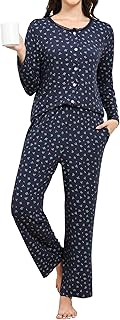 Schlafanzug Damen Lang Baumwolle Winter, Zweiteiliger Pyjama Frauen, Set Langarm Blumendruck Oberteile mit Knöpfen und Passende Hose, Weich und Bequeme Nachtwäsche zum Schlafen S-XXL