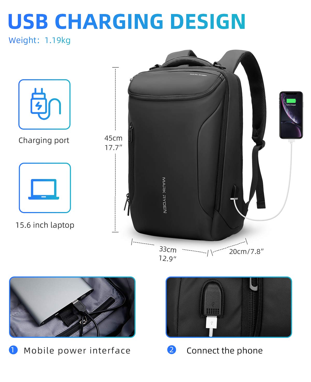 Muzee MARK RYDEN Business Backpack for Men 17.3 Inch with USB Charging Port — Amazon image 7