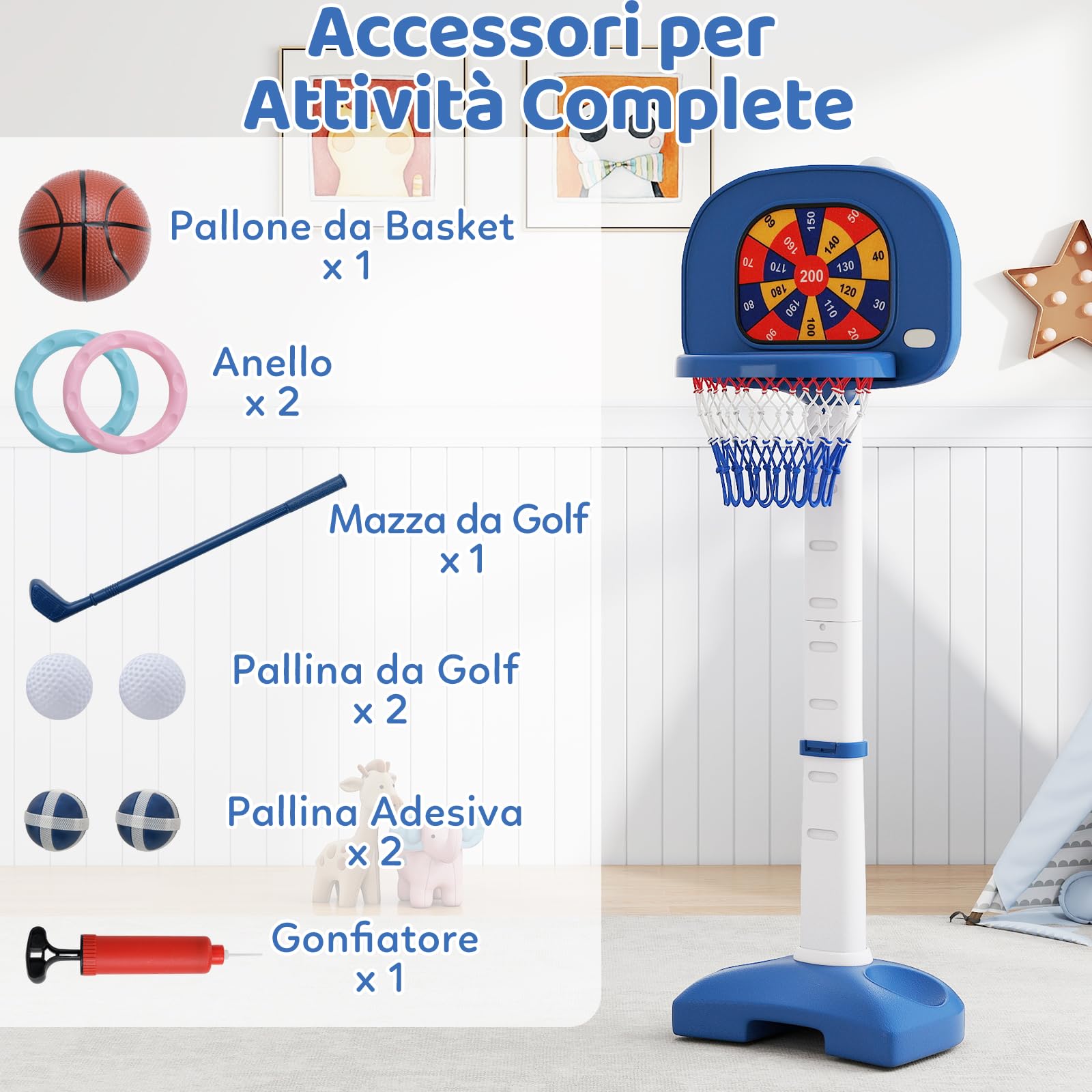 RELAX4LIFE Canestro da Basket 4 in 1 con Pallone da Basket, 2 Palline Adesive, 2 Palline da Golf, Bastone da Golf e 2 Anelli, Base riempibile, Set di Canestro Interno per Bambini 3 Anni＋