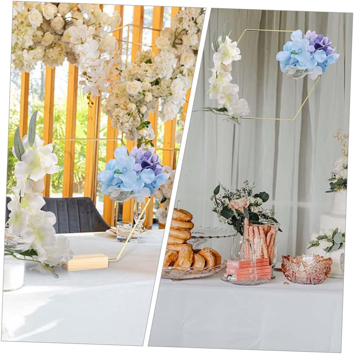 PRETYZOOM DIY Metal Floral Hoop 10pcs Hexagon Ring with Wooden Base Wedding Table Centerpiece for Bride