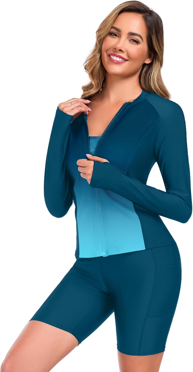 Women's 3 Piece Rash Guard Long Sleeve Swimsuits Bathing Suit with Shorts Zip Up UPF 50+ Swim Shirt with Built in Bra - Image 2