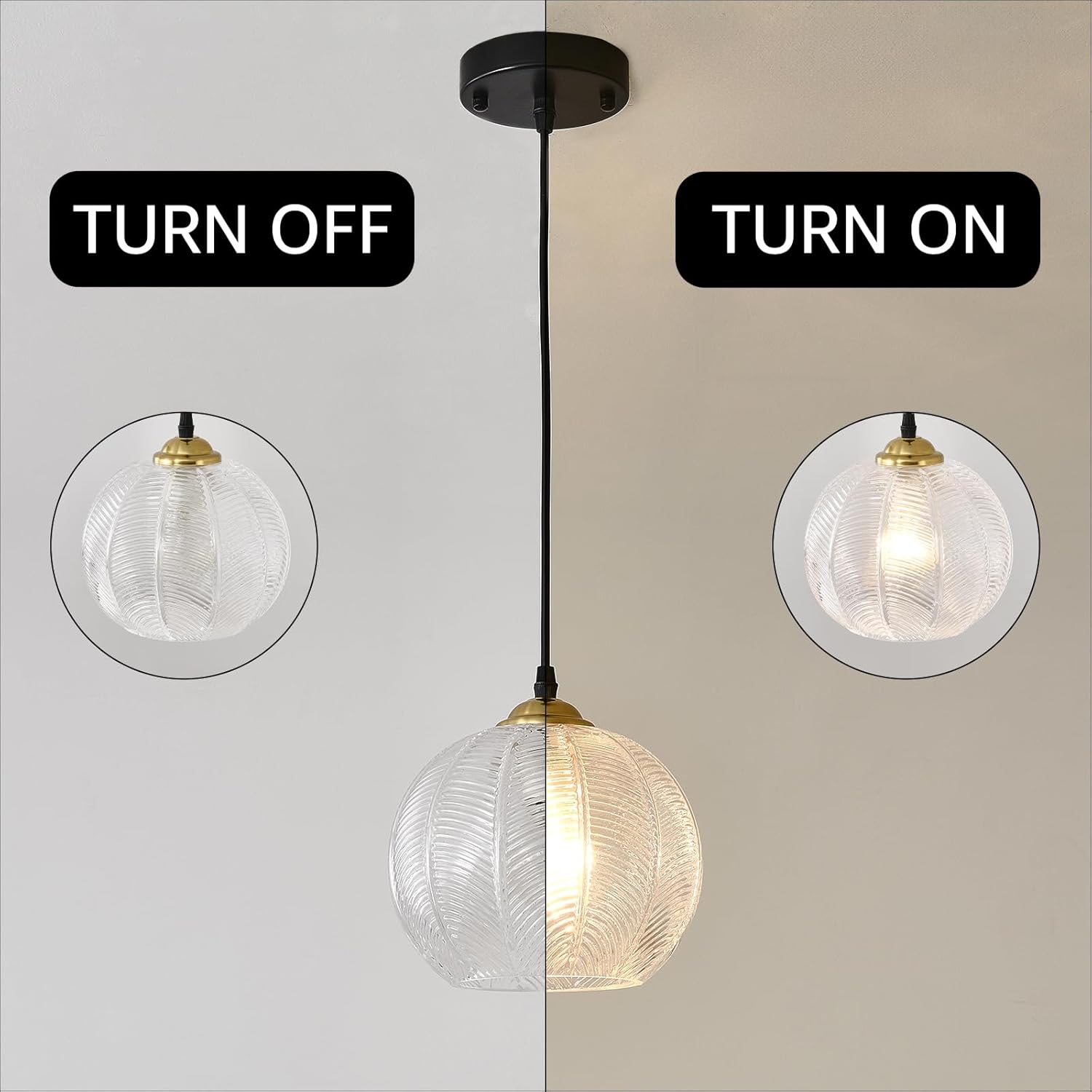 Clear Glass Pendant Light, Single Large Globe Shade Hanging Chandelier, 9.8-Inch Hand Blown Glass Ball Pendant Light Fixtures for Kitchen Island, Staircase, Dining Room, Living Room, Bedroom